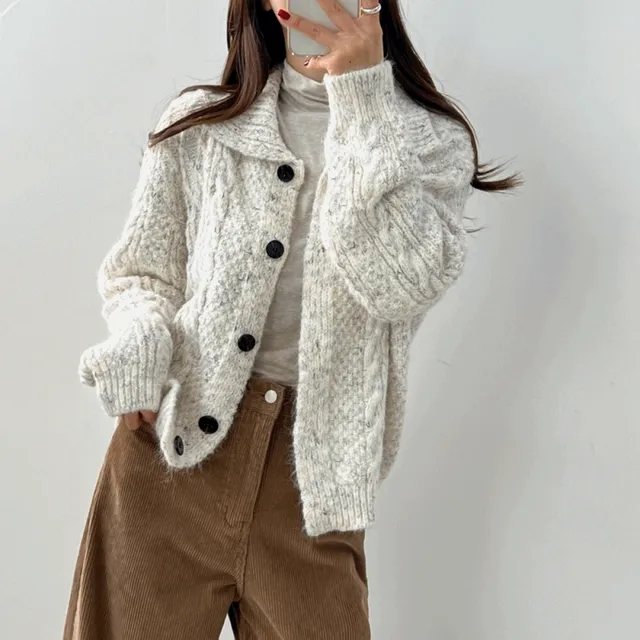 울 꽈배기 카라 버튼 아방핏 니트 가디건 4color