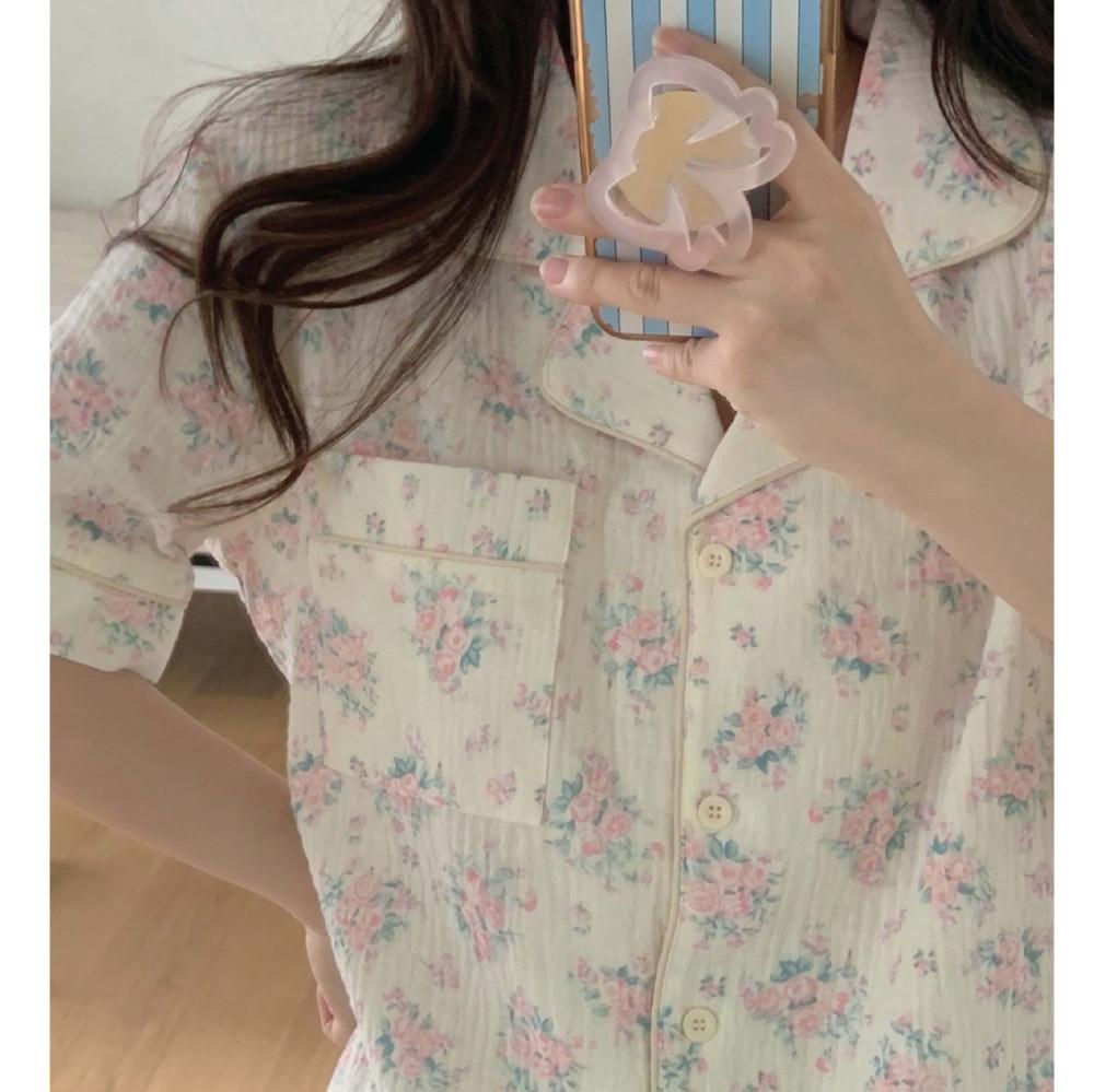 플라워 팝 요루면 반팔 반바지 꽃 파자마 잠옷 선물 파티 2col