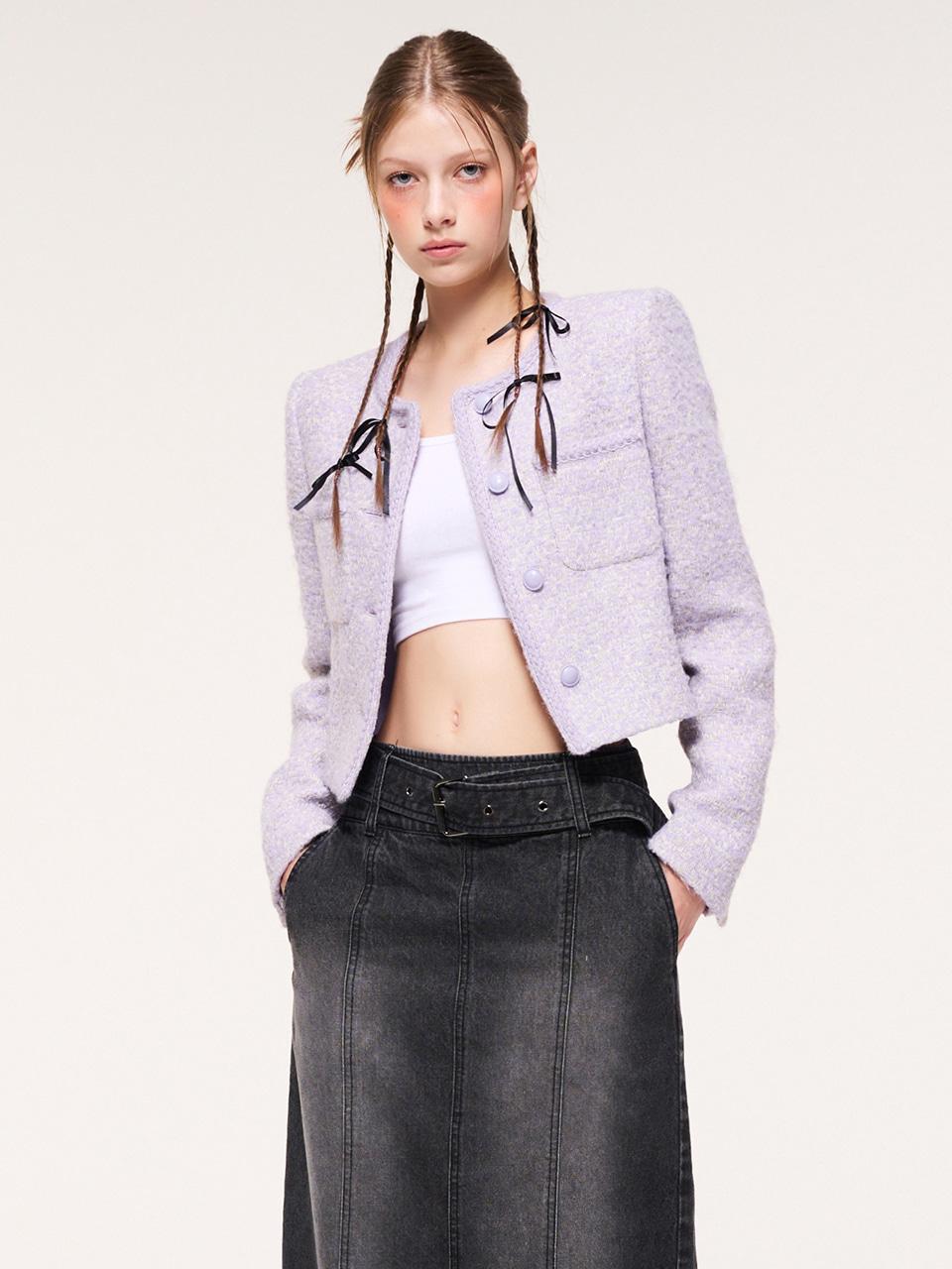 에트몽 [ZIGZAG] Round Trimmed Tweed Jacket, Light Lavender