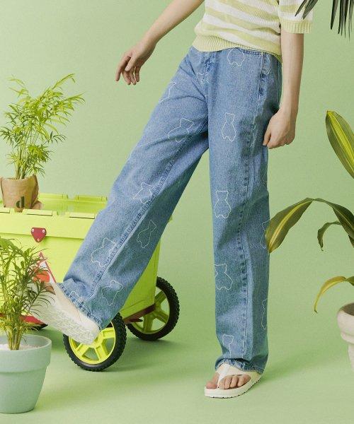 AQO BEAR PATTERN DENIM PANTS BLUE