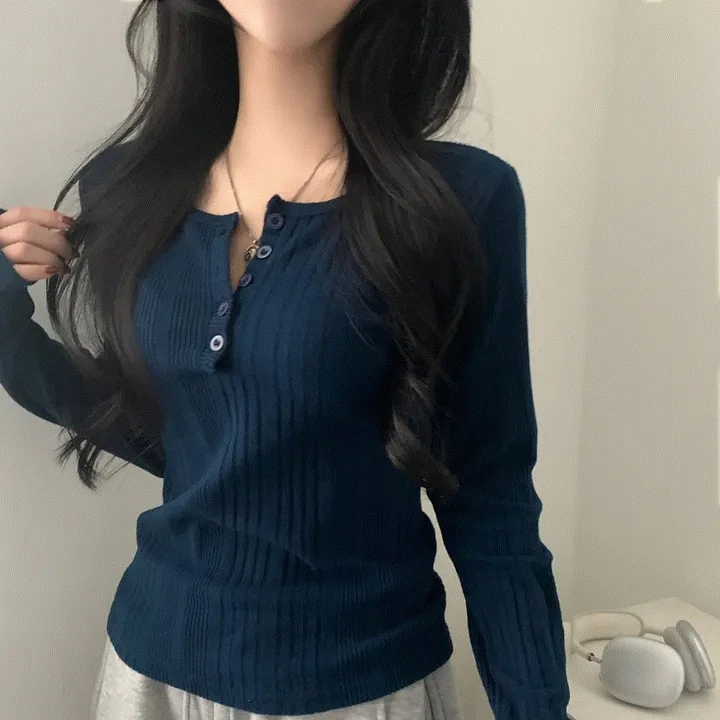 [여친룩!/기모✨] 이너블 골지버튼 여리핏 긴팔니트, 티셔츠 - 4color