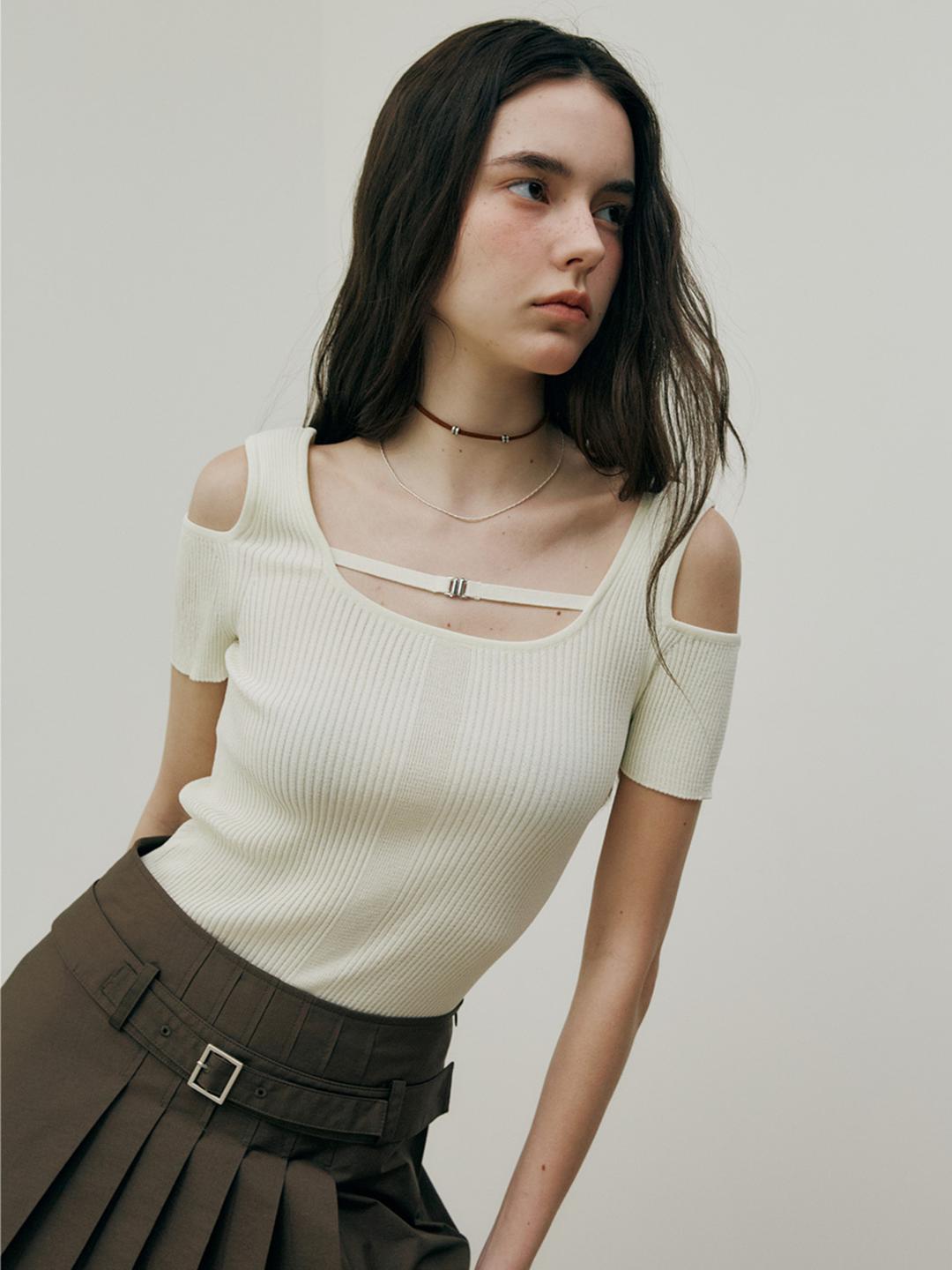 Off-shoulder Ribbed Knit Top VK5MP192_2color