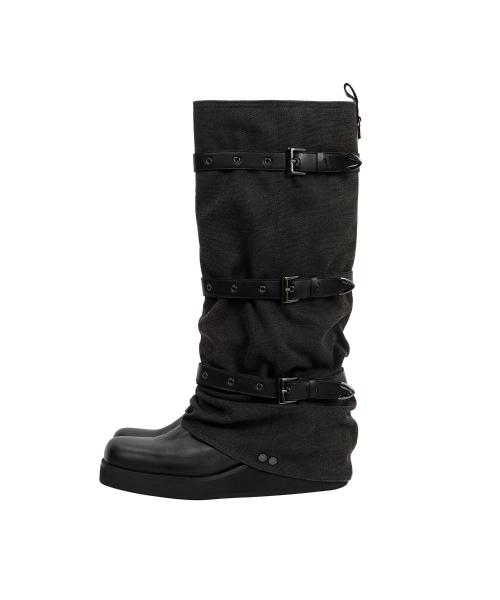 Bold Wrinkled Belted Long Boots [ Black ]
