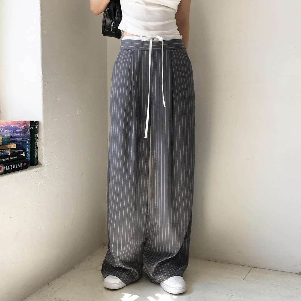잇진 여성 레이어드 배색 핀턱 스트라이프 롱 와이드 슬랙스 2color