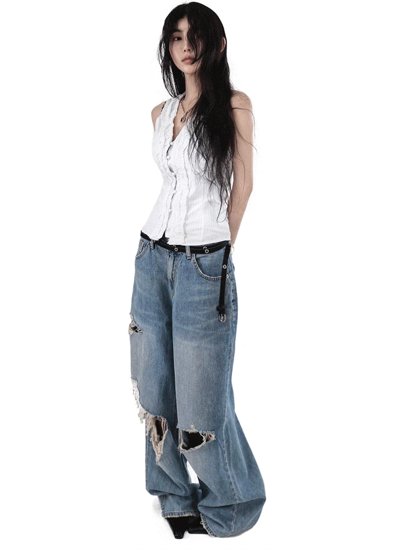 [5월말입고] LEUK VINTAGE DAMAGE WIDE DENIM JEANS 류크 찢 빈티지 데미지 와이드 데님진