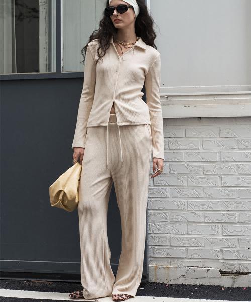 Ribbed Banding Wide-Leg Pants Beige