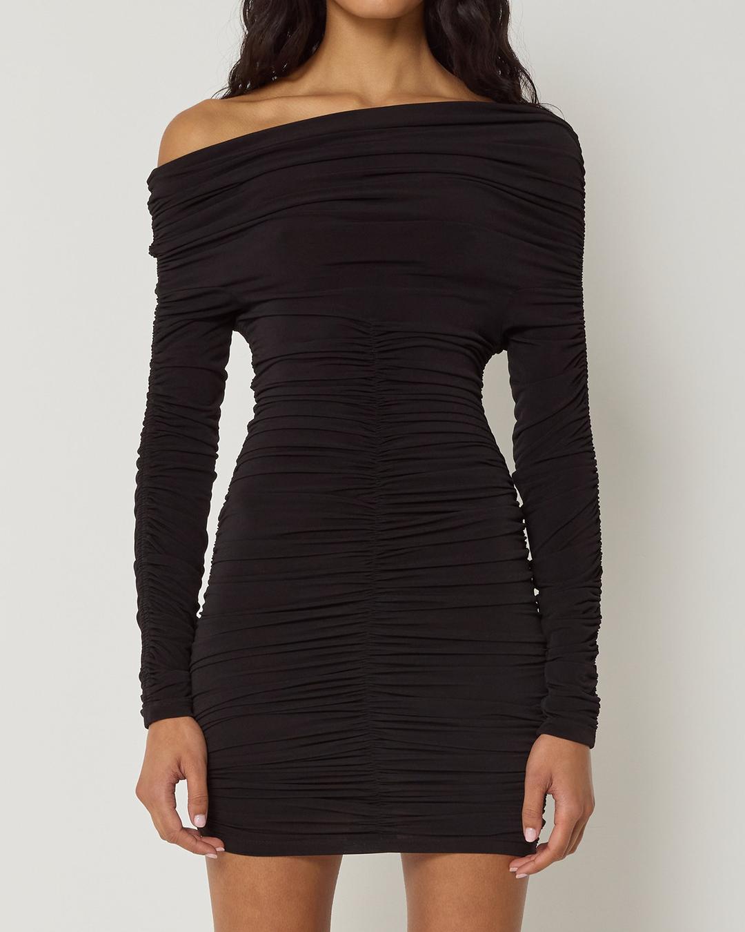 Long Sleeve Ruched Mini Dress | Black - XXS