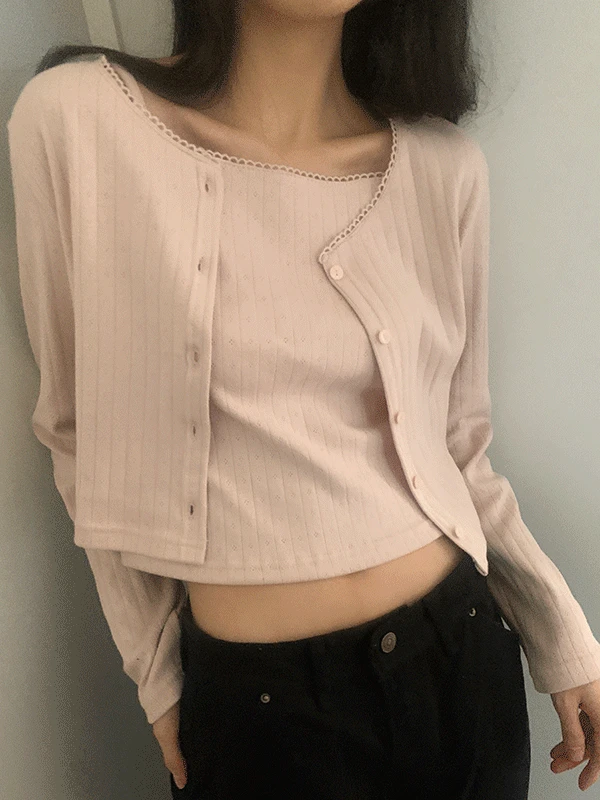 나이니 메이피 펀칭 레이스 레이어드 가디건 나시 세트