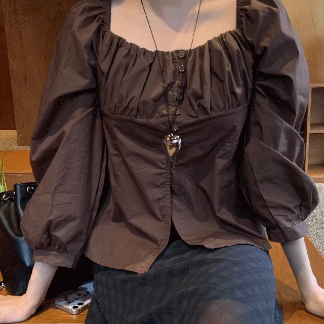 [브라운 당일발송]아벨 스퀘어넥 셔링 블라우스