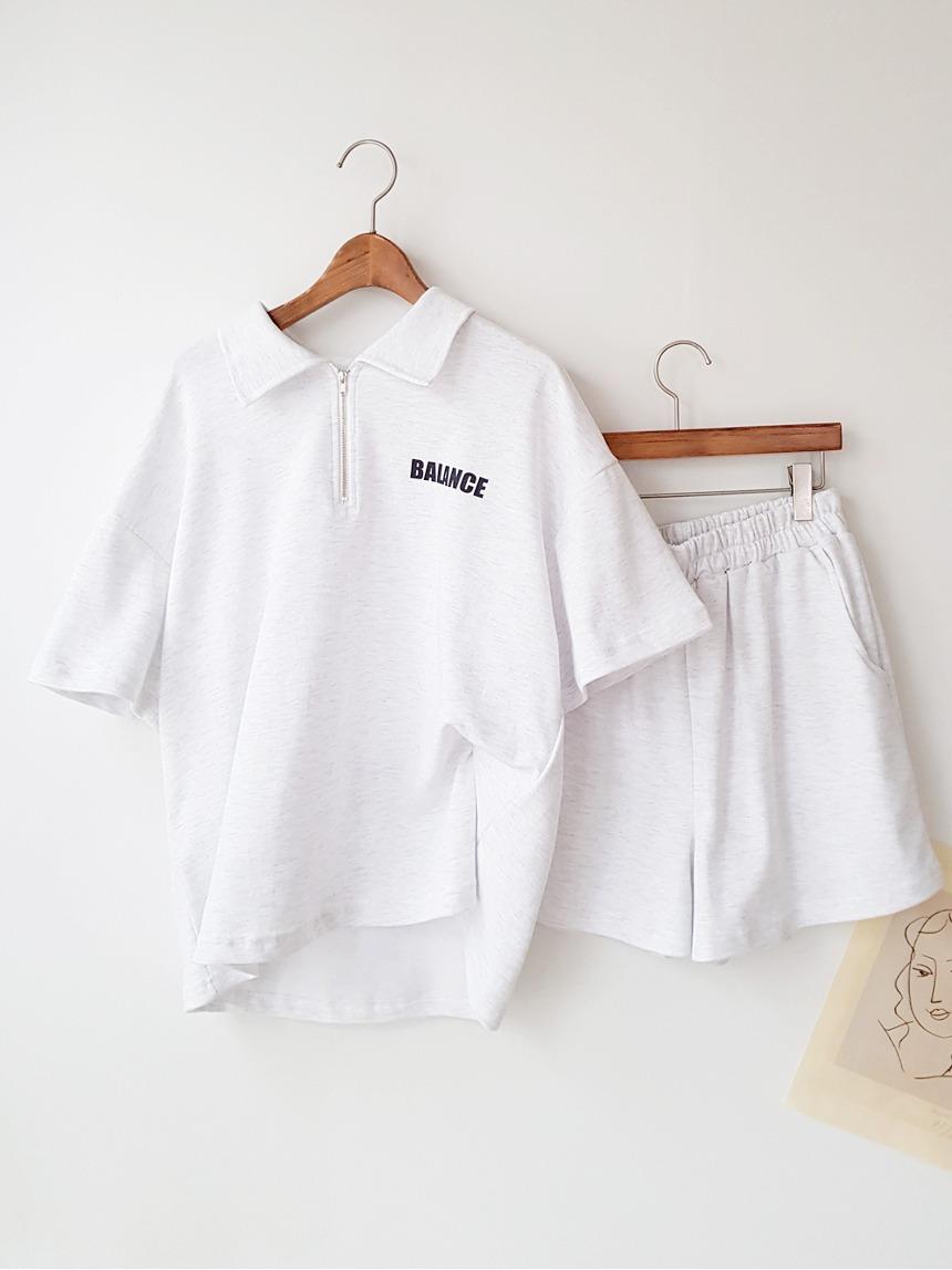 리케마켓 Balance SET/ 심플 레터링 프린트 카라넥 반집업 아노락 루즈핏 코튼 면 반팔 티셔츠+밴딩 반바지 숏팬츠 여름 트레이닝복 데일리 꾸안꾸 추리닝 체육복 운동복 캐주얼 세트