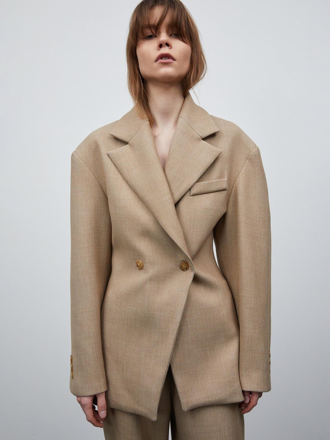 Nangy Double Breasted Cinched Blazer, Tan Beige - XS/S / Tan Beige