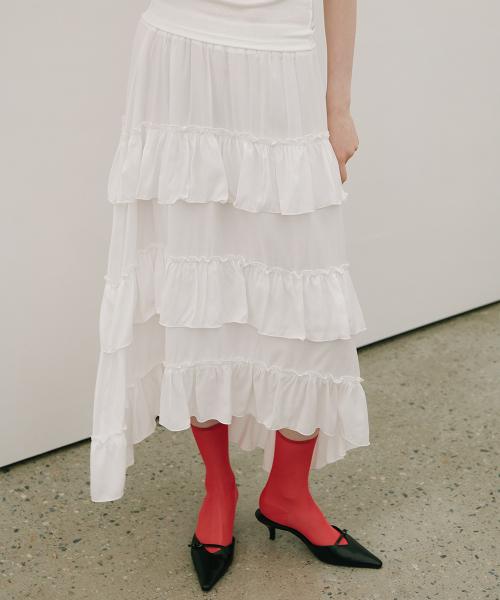 Trimming frill Unbalanced Long Banding Skirt White