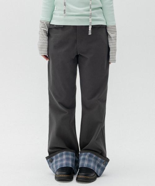 롤업 체크 부츠컷 팬츠_차콜
