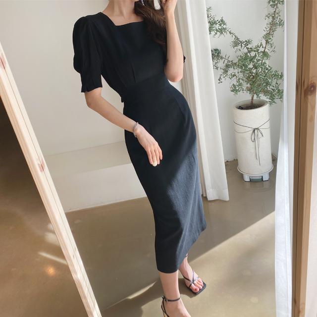 스퀘어넥 린넨 H라인 슬림 퍼프반팔 핀턱주름 여름 하객 오피스룩 모임원피스