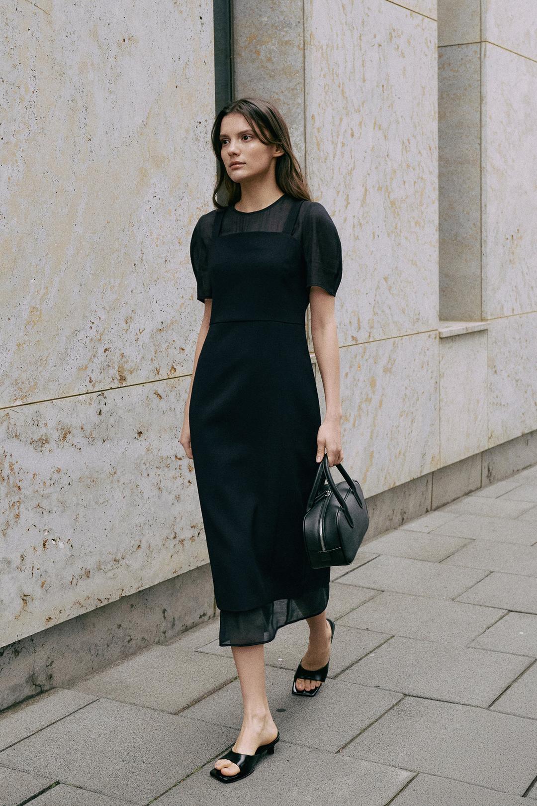 Sheer Balloon Dress[LMBESUDR5809]-Black