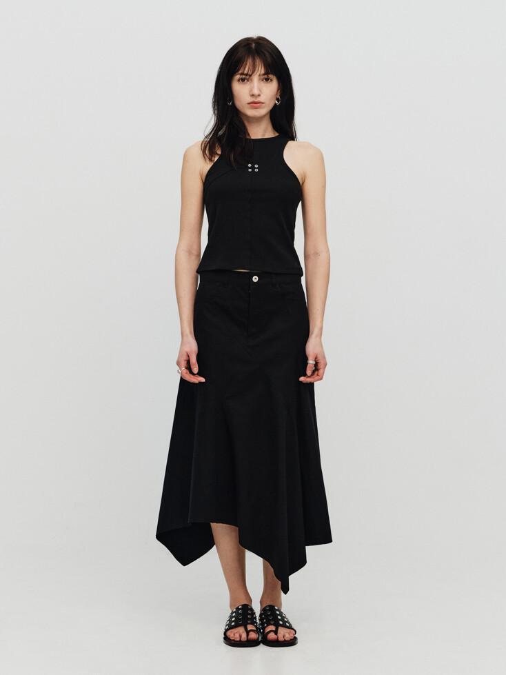 ASYMMETRIC RAW CUT COTTON LONG SKIRT (BLACK)