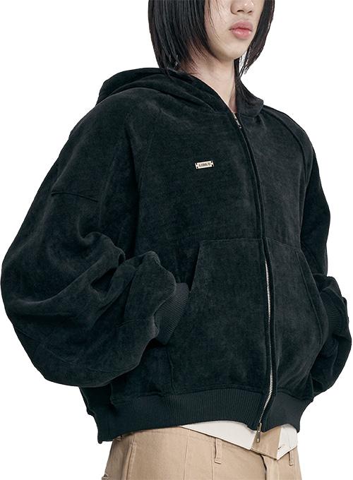 Corduroy Short Zip-Up Hoodie [BLACK]