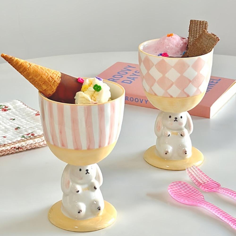 토끼 체크 디저트잔 귀여운 스트라이프 고블렛잔 머그잔 예쁜컵 도자기잔