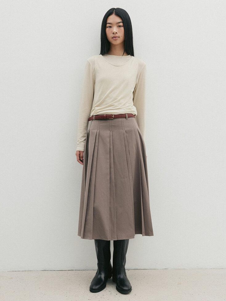 Pintuck Pleats Midi Skirt(Brown)