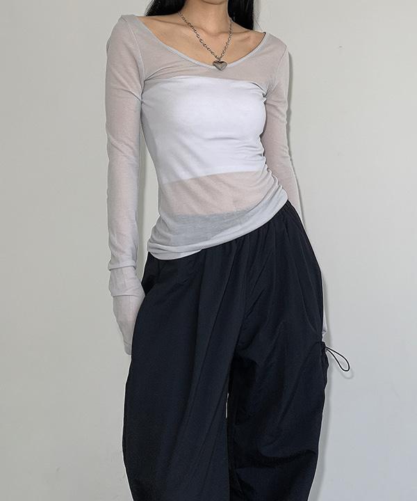 모레이스 [당일배송/4천장돌파]페이퍼 시스루 간절기 브이넥 맥시 롱슬리브 슬림 티셔츠 탑(4color)