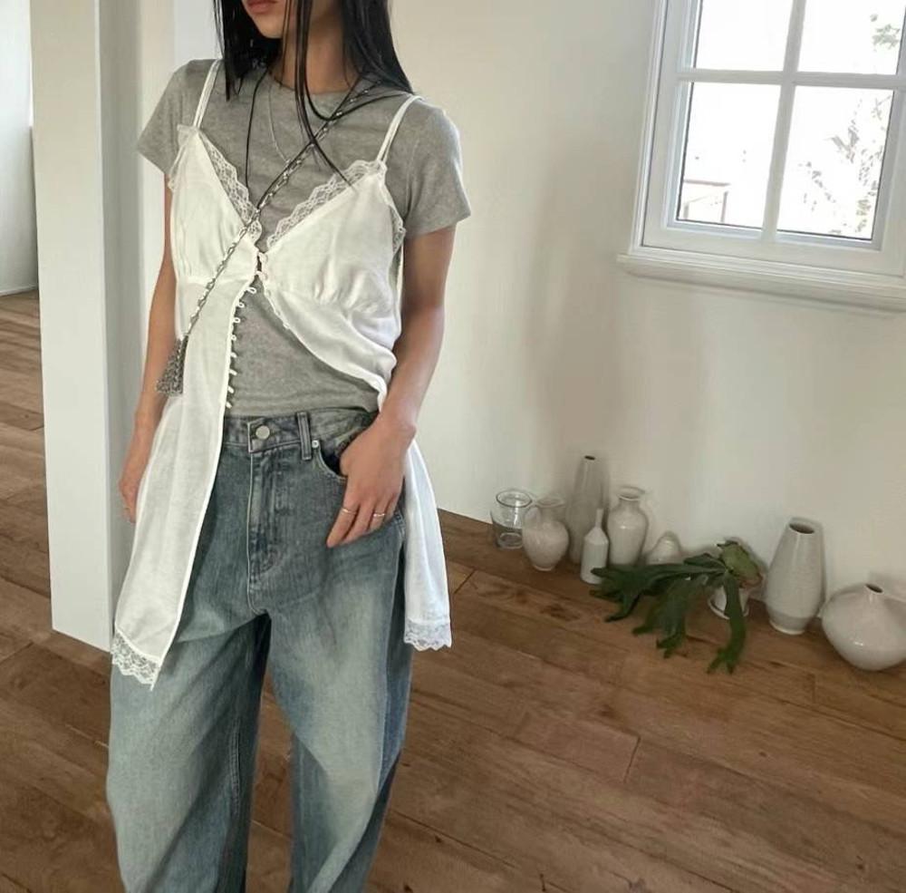 fl 플라워 틴트 레이어드 원피스 (레이스 끈나시 레이어링 롱 블라우스)