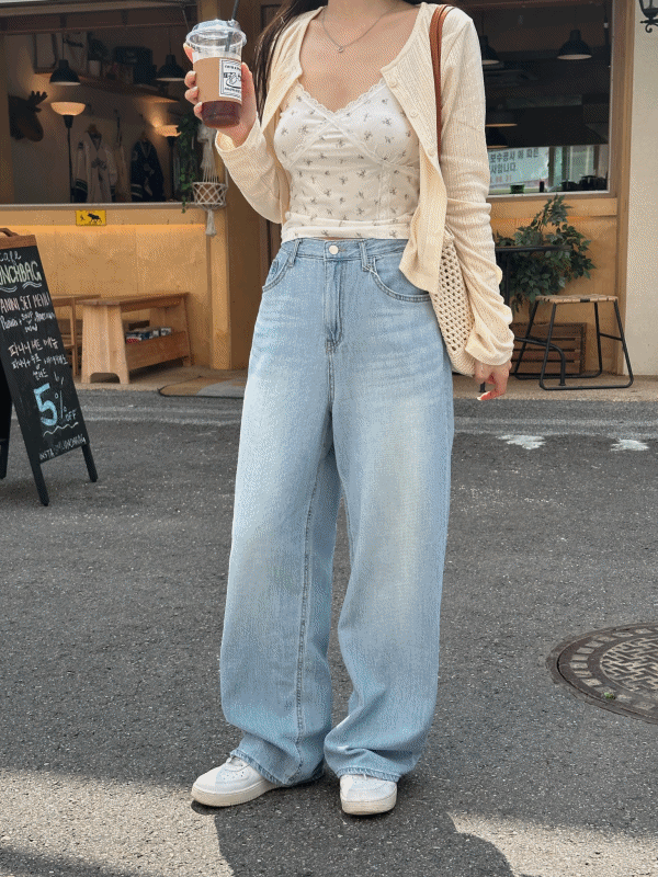 온마이원 (하체커버) 페드 워싱 여름 와이드 데님 팬츠 (2color)