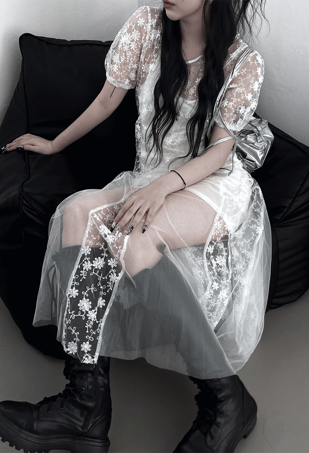 see-through lace white long one-piece