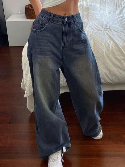 DAZY 페이딩 효과가 있는 여성용 디스트레스 와이드 레그 진