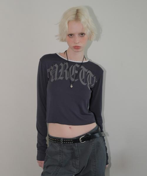 C LACE NECK LOGO T-SHIRT_CHARCOAL