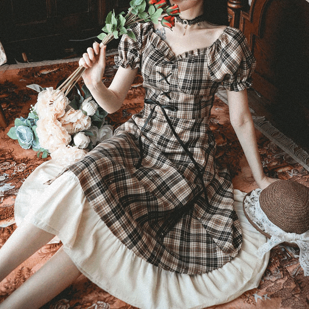 다즐링 체크 스퀘어넥 코르셋 롱 원피스 op0172