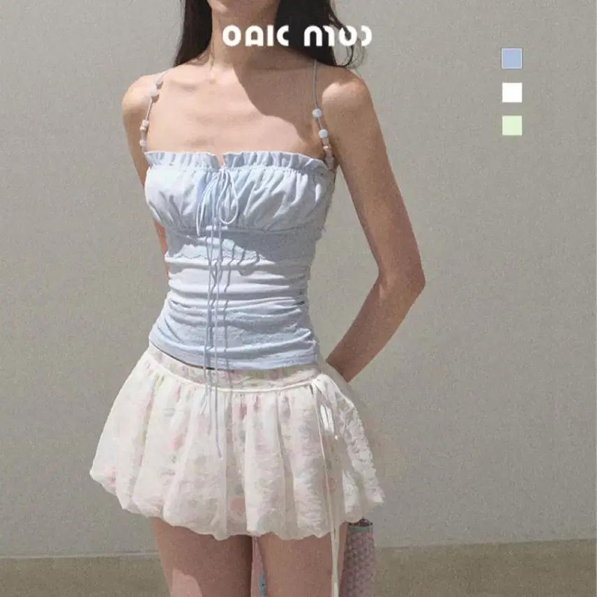 OAKMOO 나시 블라우스 리오셀 플리츠 디자인 비즈 서스펜더 탑