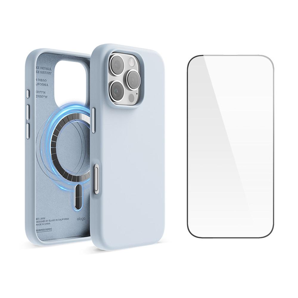 엘라고 아이폰 16 프로 맥스 맥세이프 실리콘 케이스 + 액정 강화유리 필름 세트