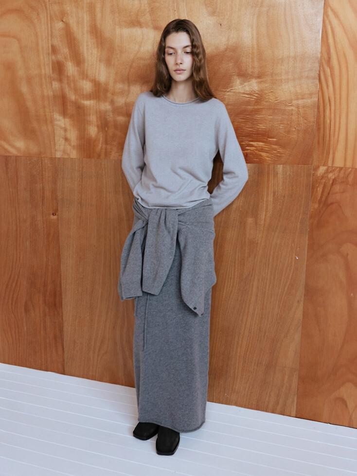 MERINO WOOL BLEND STRING KNIT SKIRT - M GREY