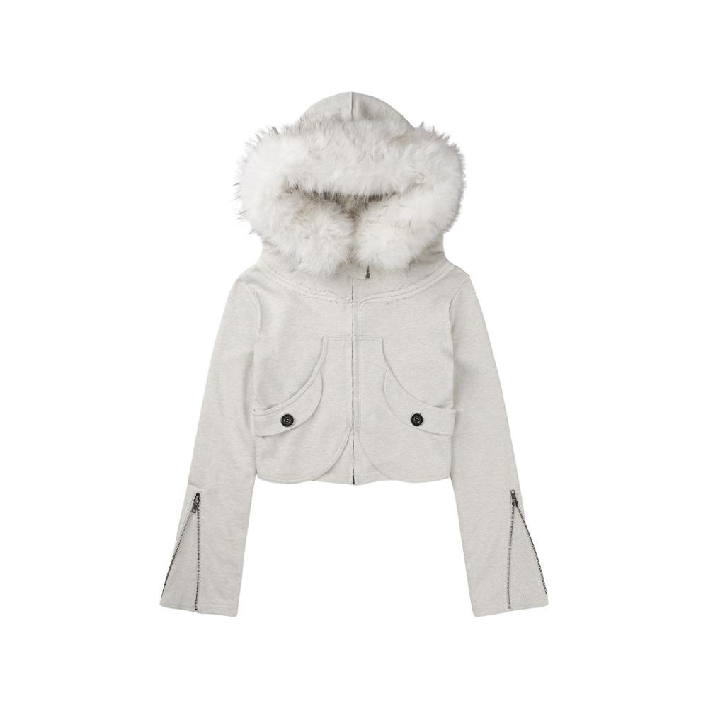 Distressed Seam Fur Hood Zip-Up (Oatmeal)