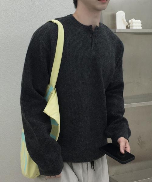 리브드 오버핏 헨리넥 니트 [차콜]