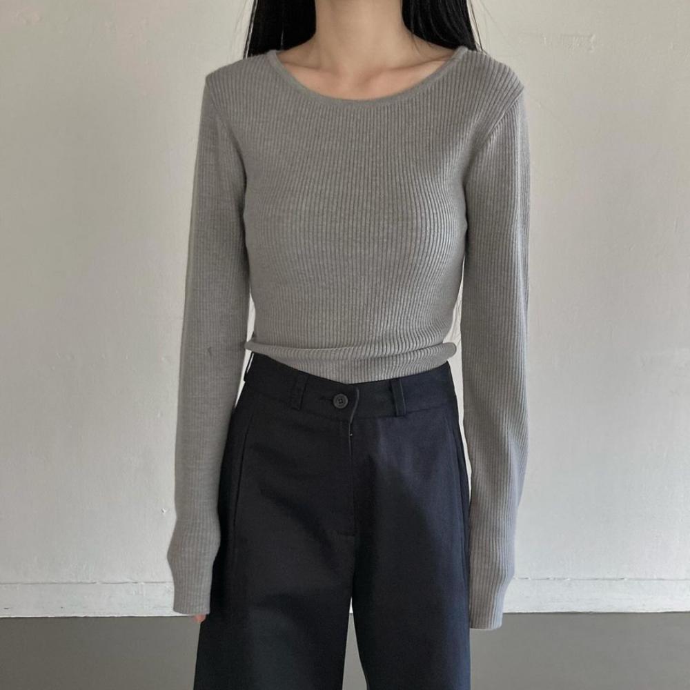 슬림 골지 기본 긴팔 라운드넥 세인 니트