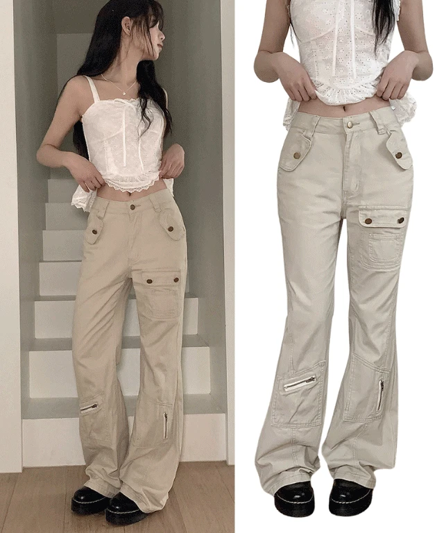 [고퀄ver💗핏보장!] 밀크티 스냅버튼 포켓 카고 와이드 부츠컷 롱 팬츠 봄 여름 가을 / 카고바지 부츠컷바지 카고부츠컷바지 여름바지 여름부츠컷 클래식블랑