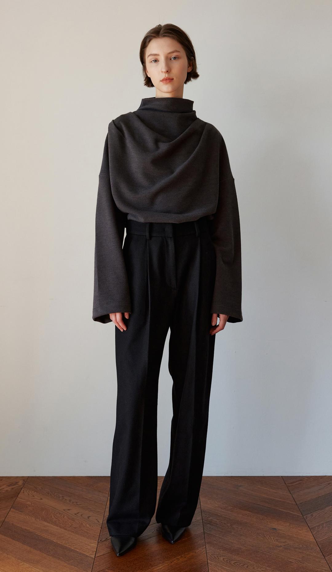 TOW WOOL TWILL SEMI WIDE TROUSER_BLACK