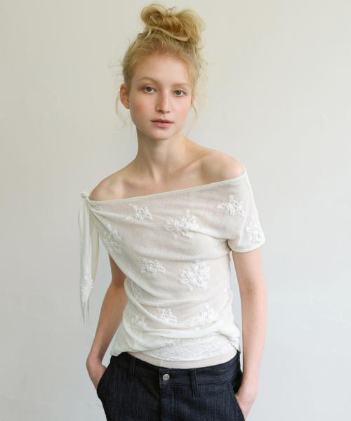 SHEER FLORAL ONE-SHOULDER TOP - IVORY