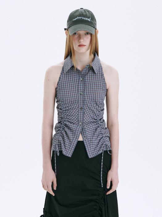HALTERNECK SHIRRING SHIRT_blue