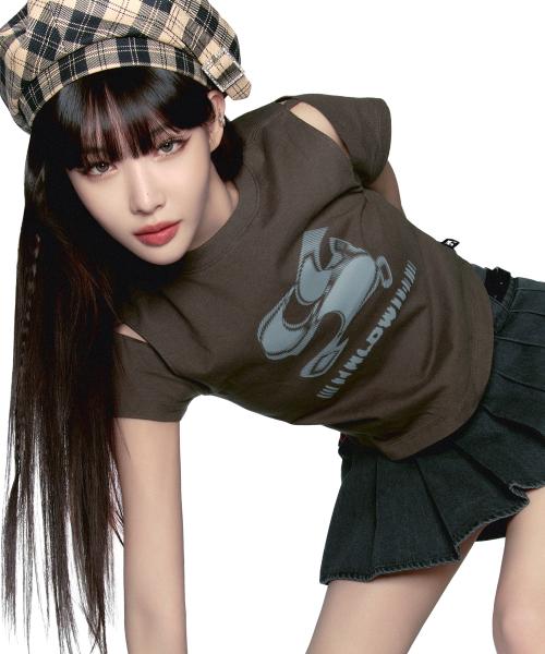 (우먼) WAVE 로고 심볼 컷아웃 반팔 티셔츠_차콜
