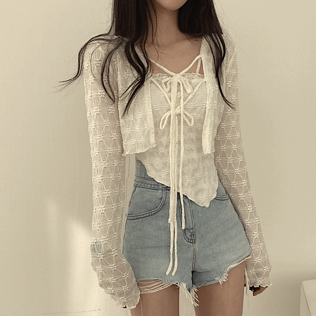 럽앤썸 크롭 시스루 레이스 가디건 + 언발나시 투피스 세트
