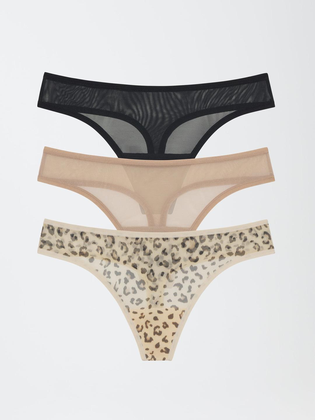 Spellbound Mesh Thong 3-Pack - Black/Nylon/Leo Leopard / XS
