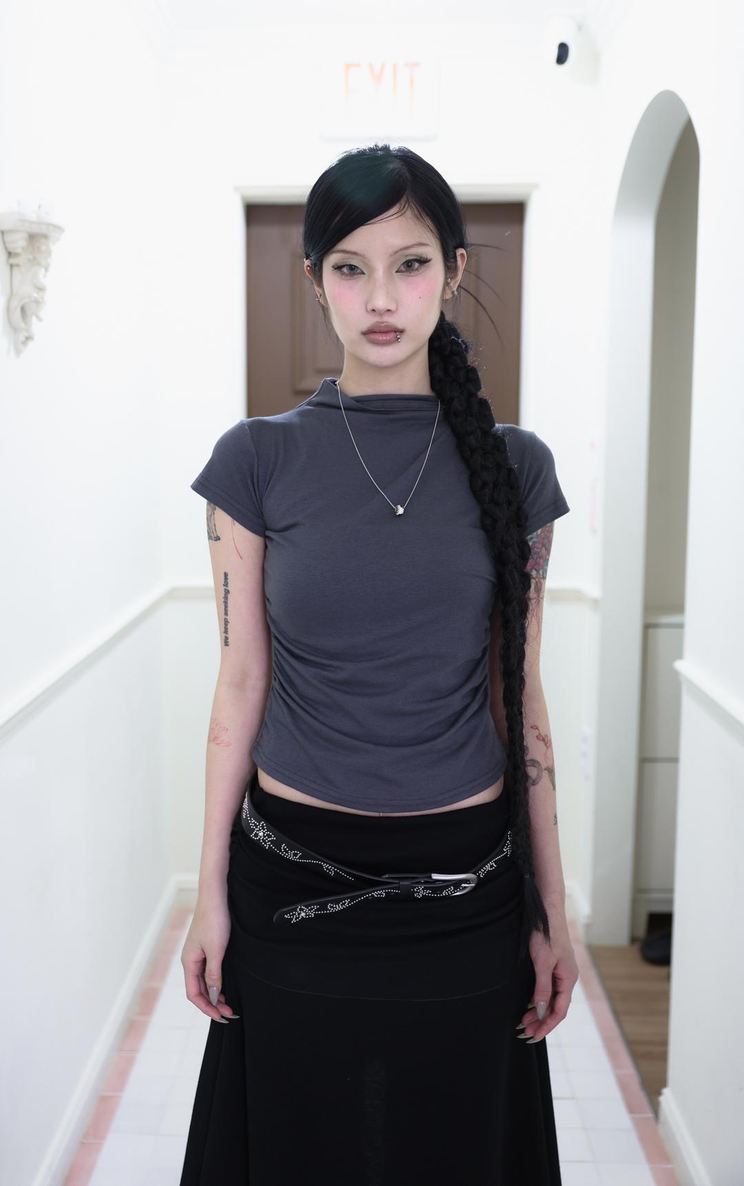 [Pink orchid house] Half neck shirring T (3color) (Gray)