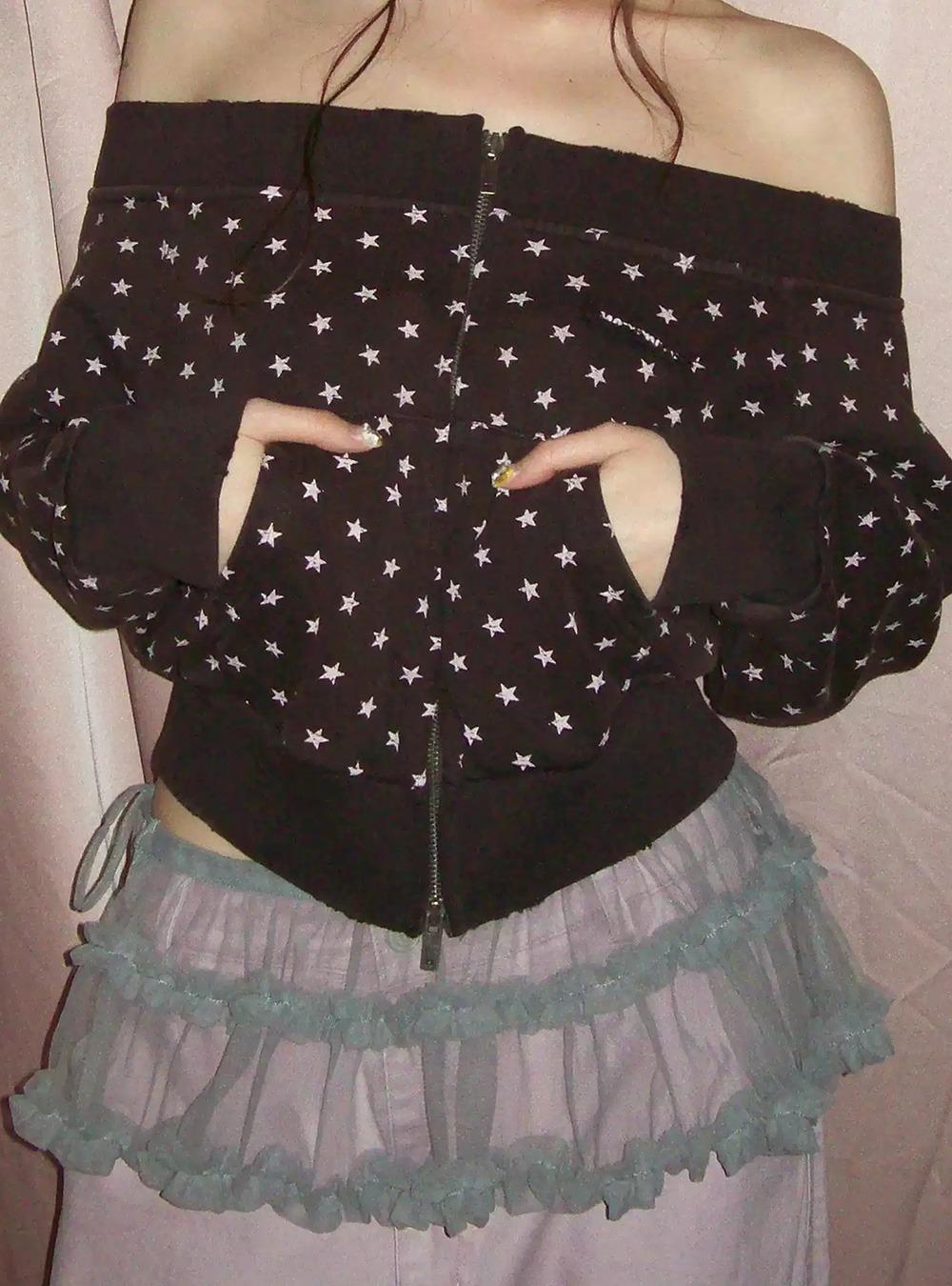 Star Print Zipper Off Shoulder Sweatshirt