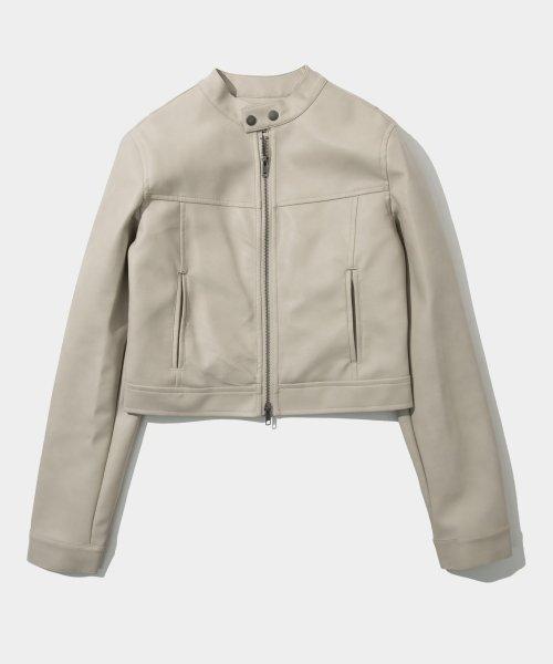 슬림 라인 넥 버튼 투웨이 레이싱 레더 자켓 점퍼 [크림]