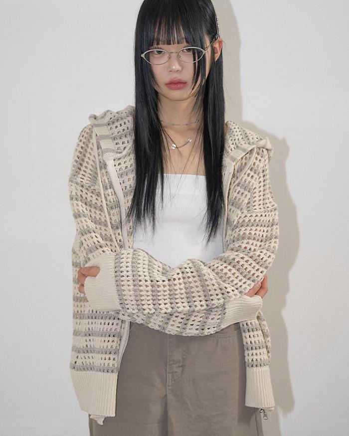 렉스 메쉬 스트라이프 니트 후드 집업