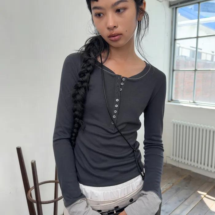 MIX POINT LONG SLEEVE BUTTON T-SHIRT-CHARCOAL