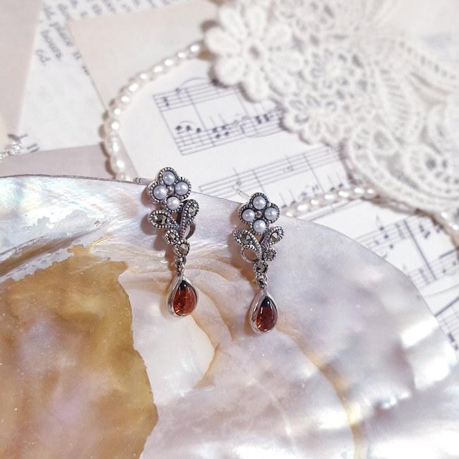 (수량하나) 로쿠잔 가넷 물방울 드롭 꽃 귀걸이