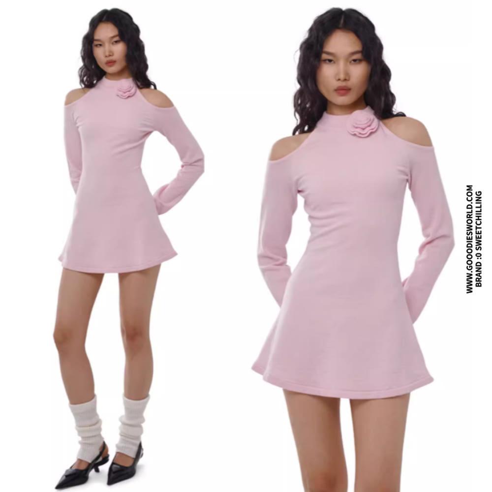 SWEETCHILLING 스위트칠링 원피스 오프숄더 플로럴 홀터넥 플레어 원피스 (핑크)